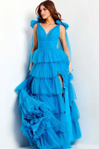 Jovani V-Neck Tiered Tulle Gown 48288