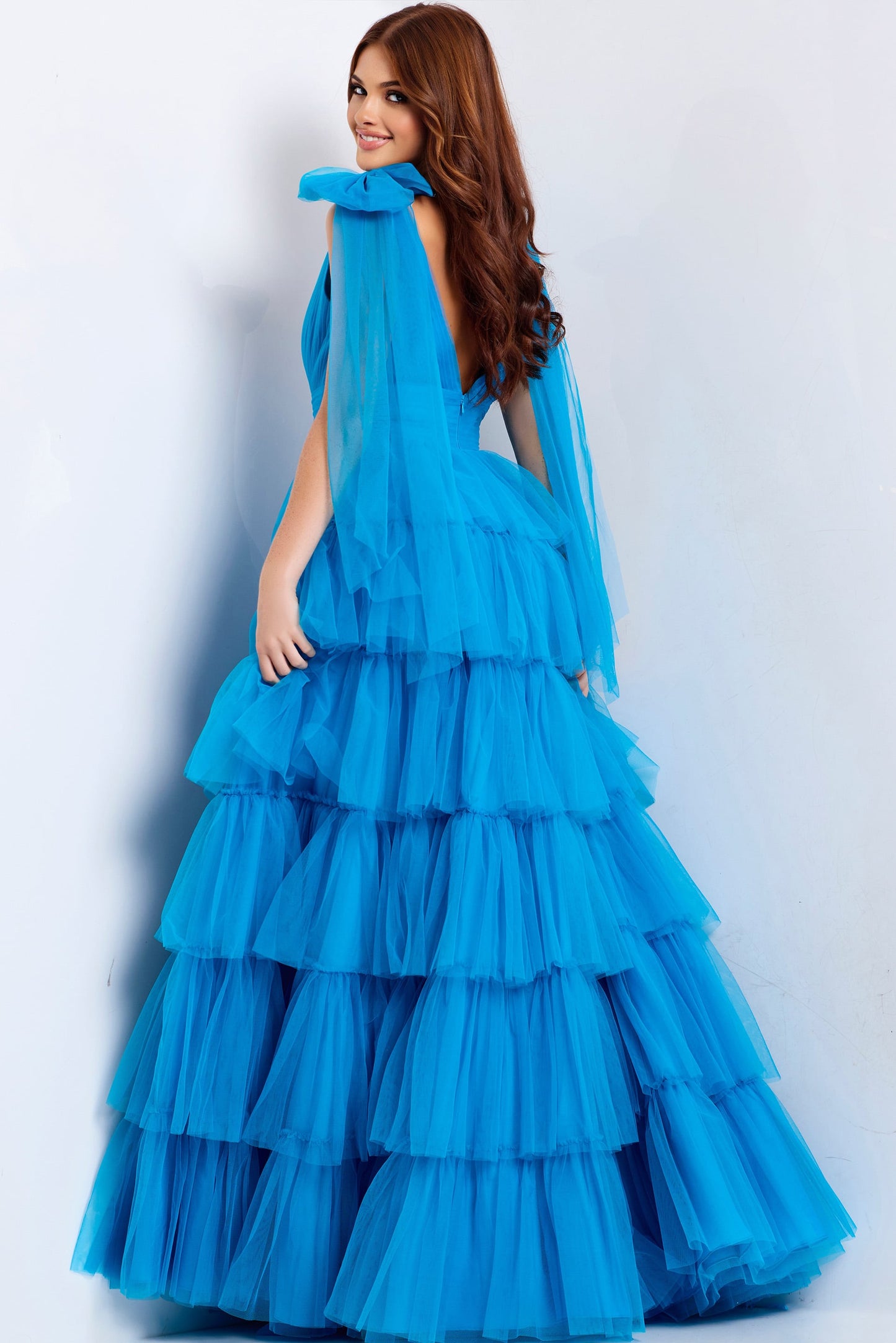 Jovani V-Neck Tiered Tulle Gown 48288