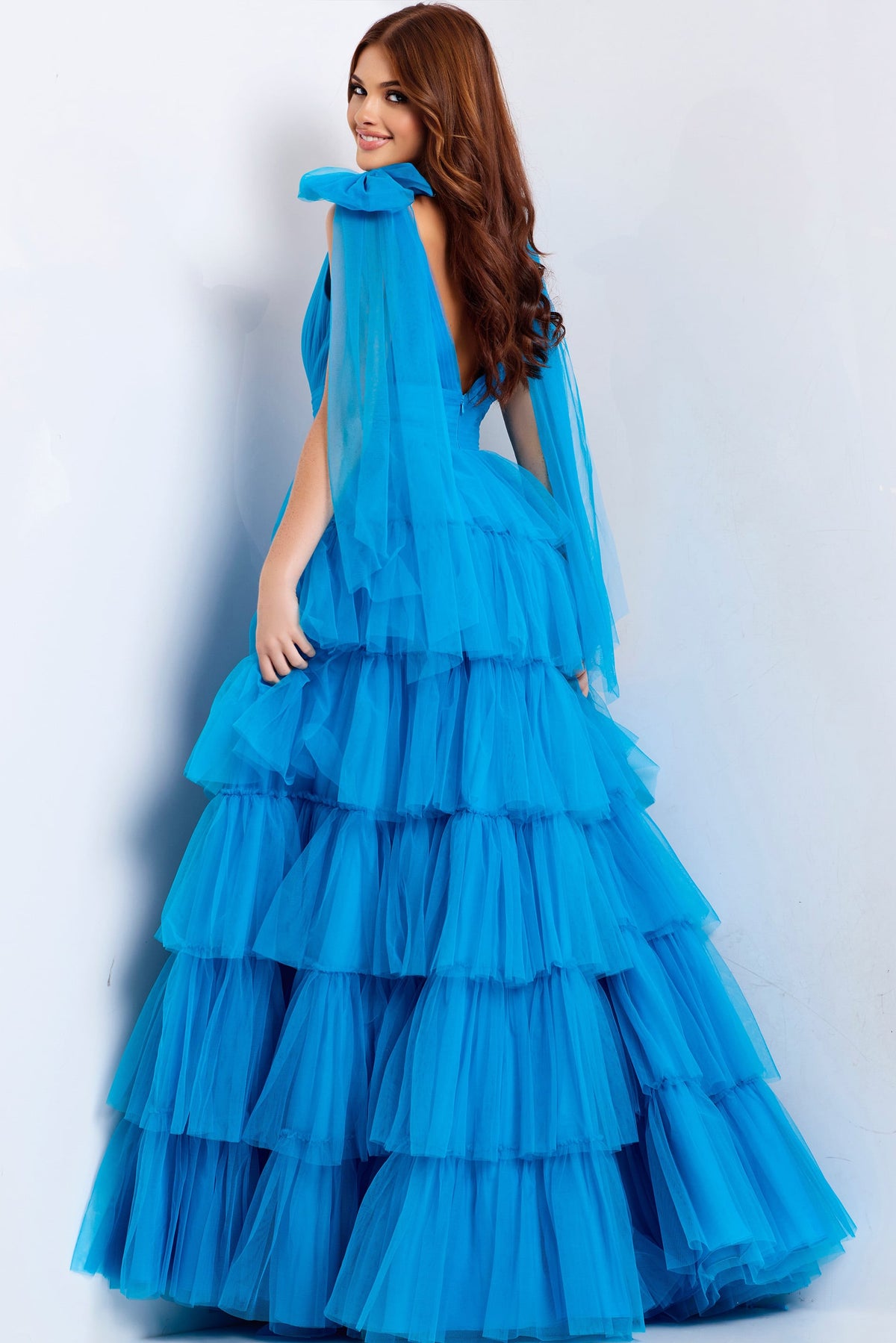 Jovani V-Neck Tiered Tulle Gown 48288