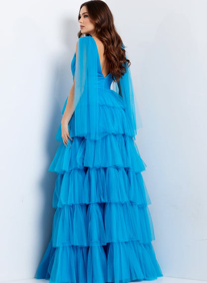 Jovani V-Neck Tiered Tulle Gown 48288