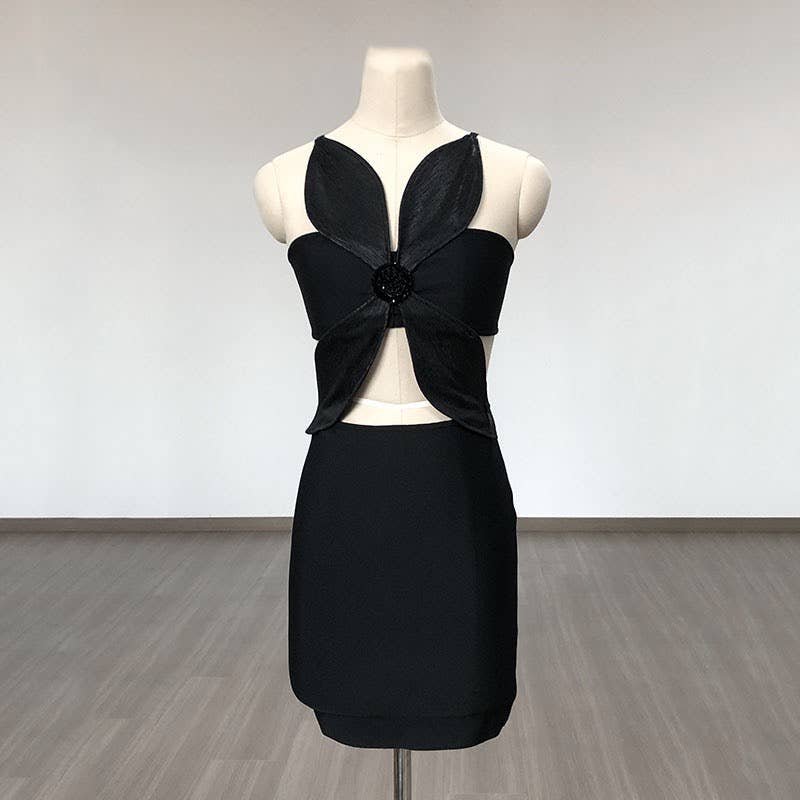 DR759 Noir Petal Cutout Bandage Dress with Sculpted Detail