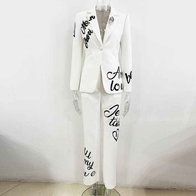 OL13 Embroidered Letter Sequin Blazer Pants Set Chic