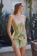 Satin Rhinestone Corset Waist Bow Dress