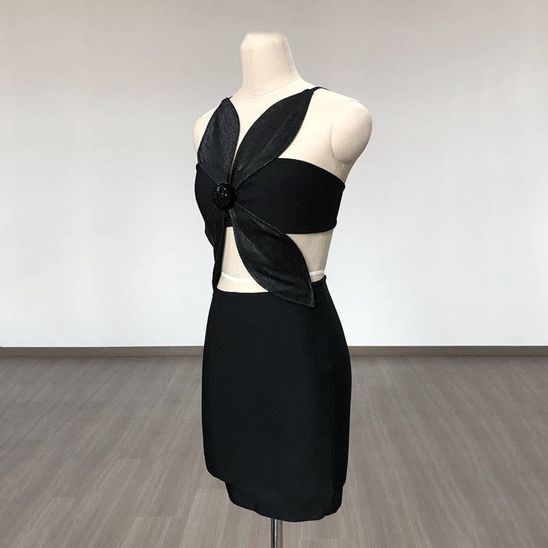 DR759 Noir Petal Cutout Bandage Dress with Sculpted Detail