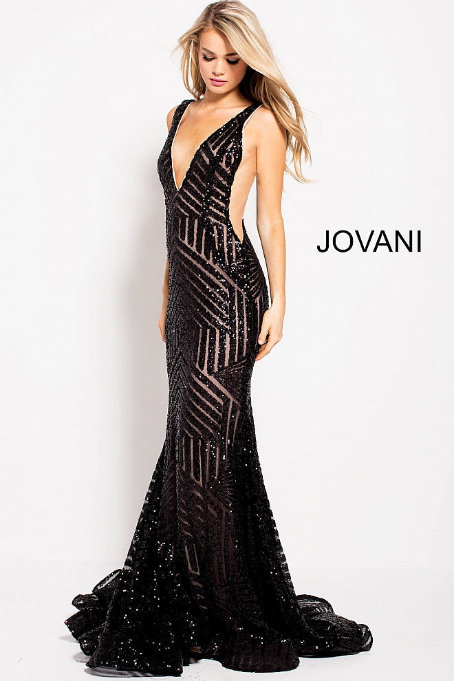 Jovani Deep V Geometric Sequin Mermaid Gown 59762