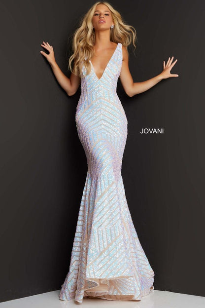 Jovani Deep V Geometric Sequin Mermaid Gown 59762