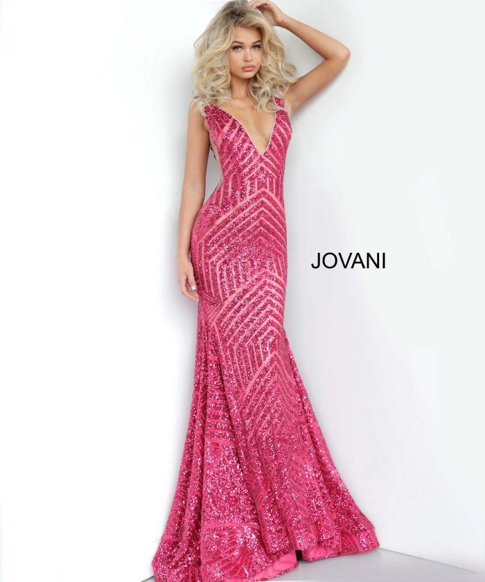 Jovani Deep V Geometric Sequin Mermaid Gown 59762