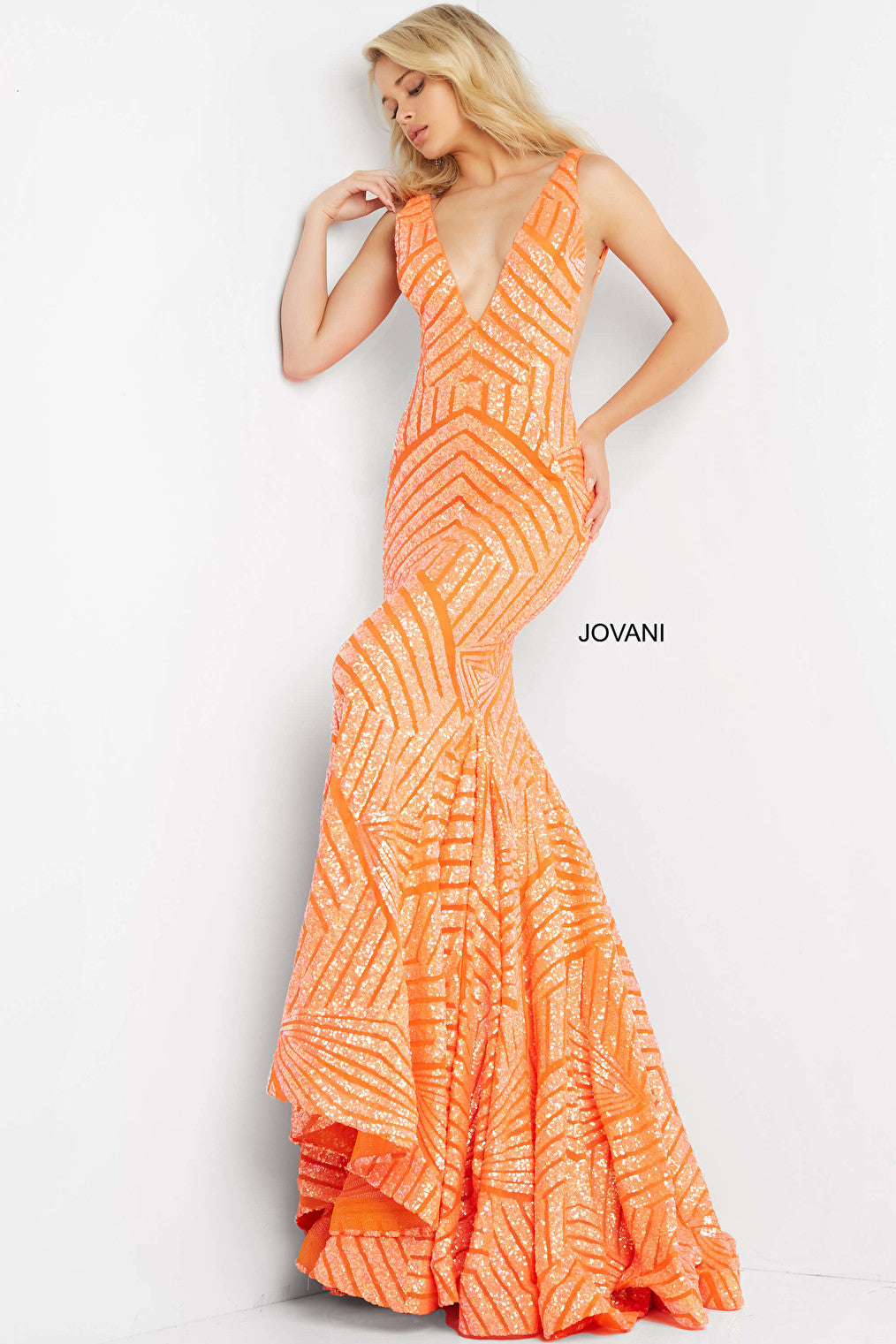 Jovani Deep V Geometric Sequin Mermaid Gown 59762