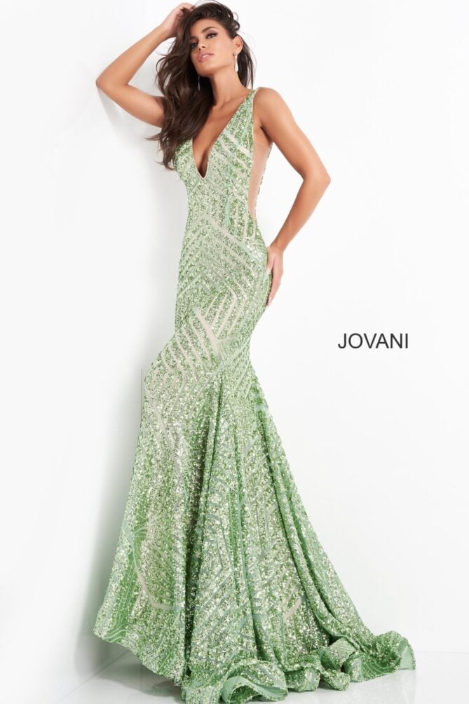 Jovani Deep V Geometric Sequin Mermaid Gown 59762