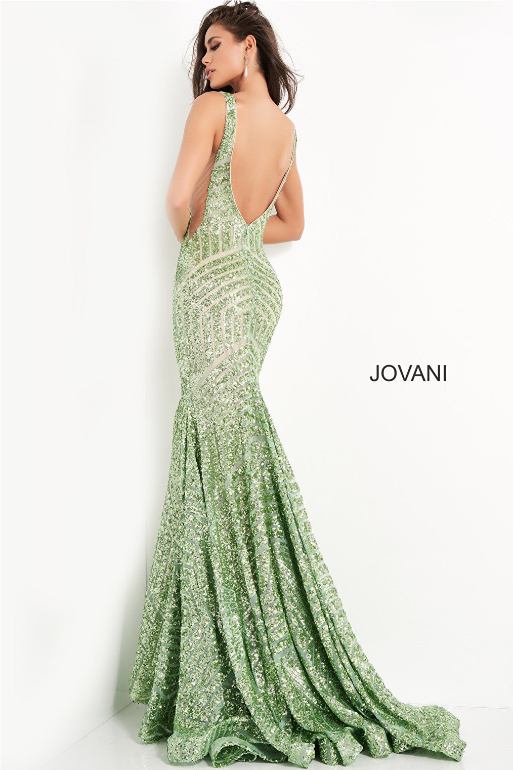 Jovani Deep V Geometric Sequin Mermaid Gown 59762