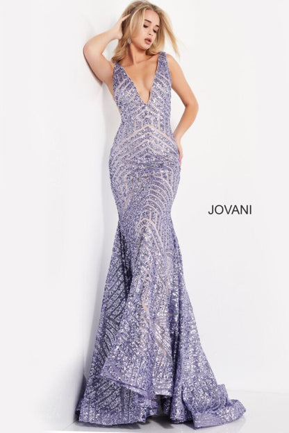 Jovani Deep V Geometric Sequin Mermaid Gown 59762