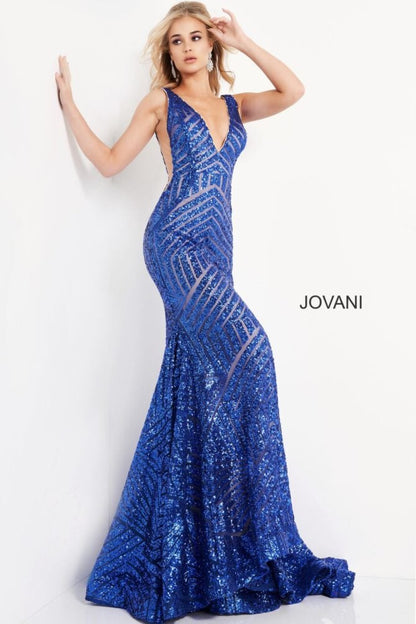 Jovani Deep V Geometric Sequin Mermaid Gown 59762