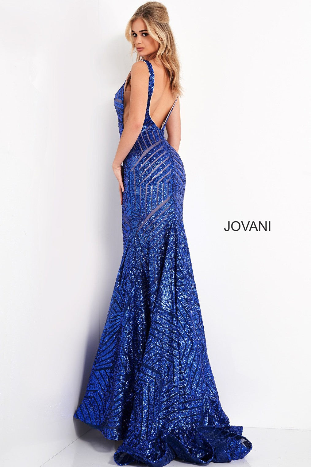 Jovani Deep V Geometric Sequin Mermaid Gown 59762