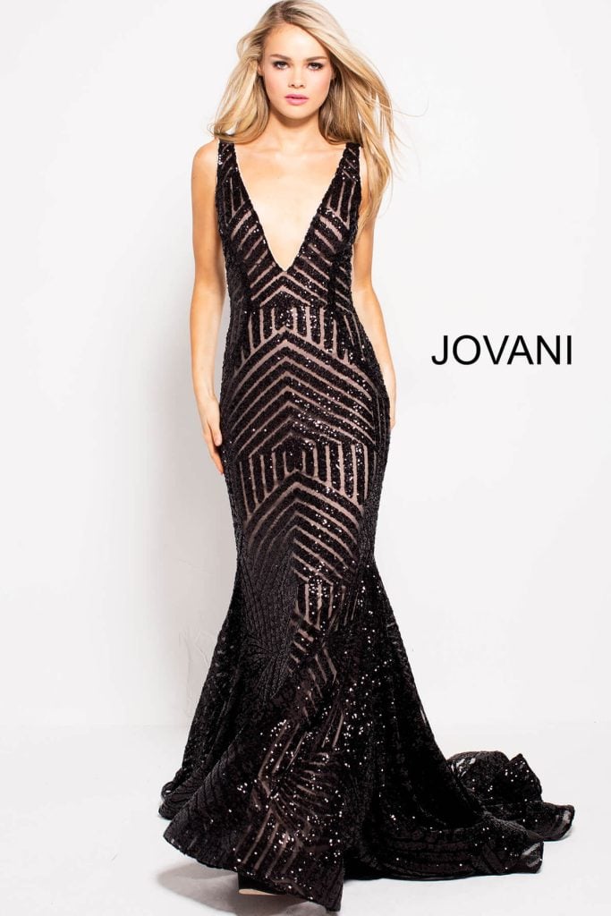 Jovani Deep V Geometric Sequin Mermaid Gown 59762