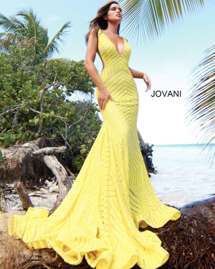 Jovani Deep V Geometric Sequin Mermaid Gown 59762