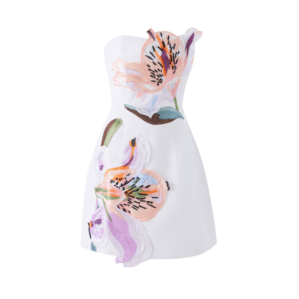 DR840Y Luxury 3D Floral Applique Strapless Mini Dress Chic