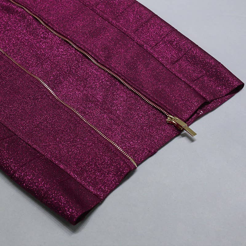 Elegant One-Shoulder Gold Silk Midi Dress with Silver: Burgundy / English / S