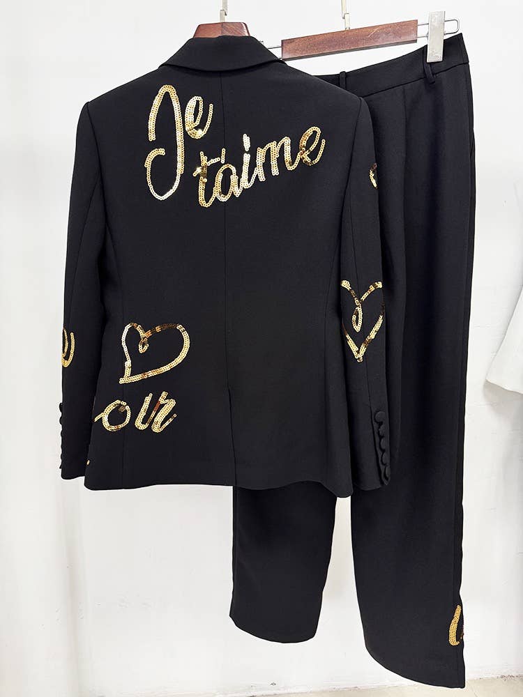 OL13 Embroidered Letter Sequin Blazer Pants Set Chic
