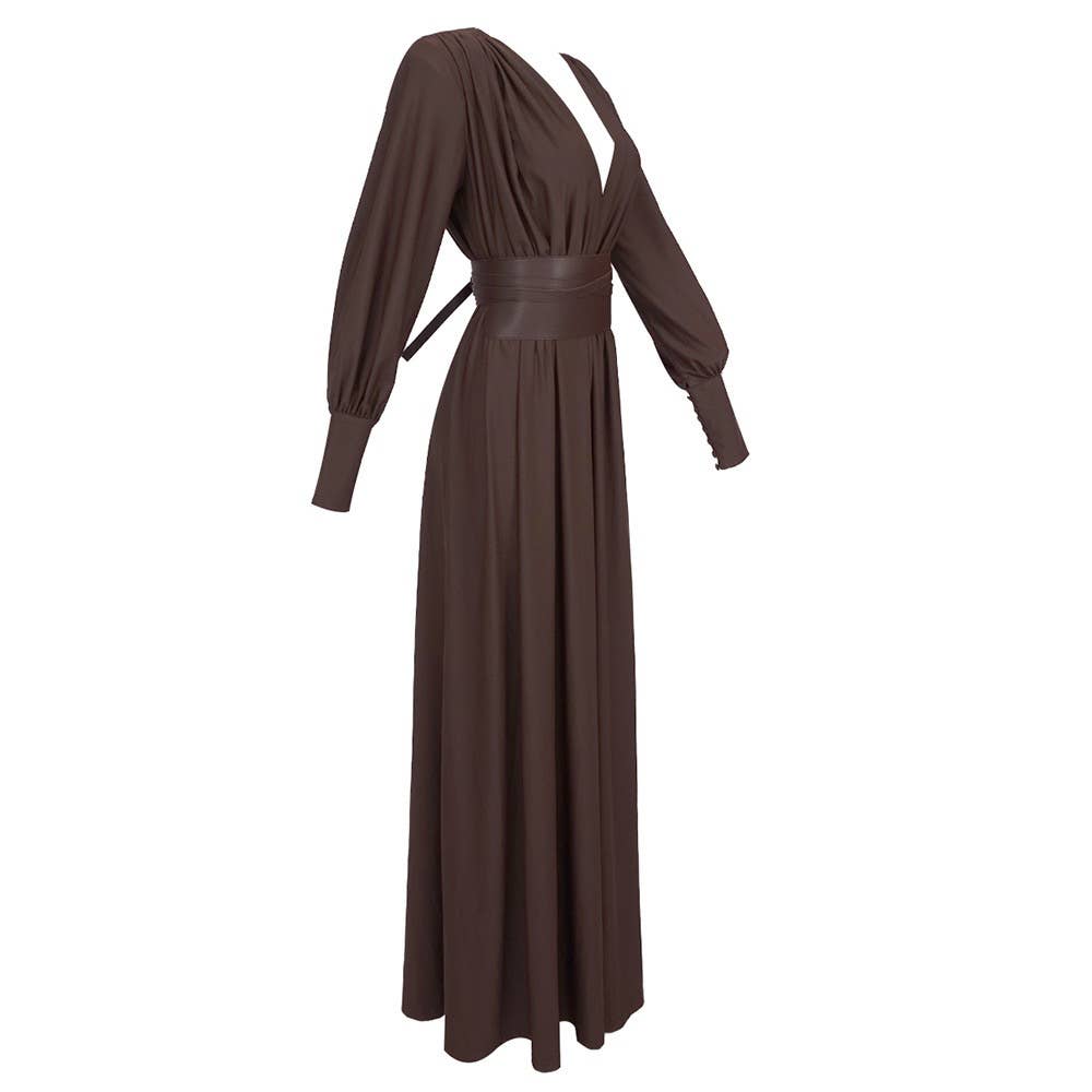 DR316 Elegant Chocolate Gathered Waist Maxi Dress