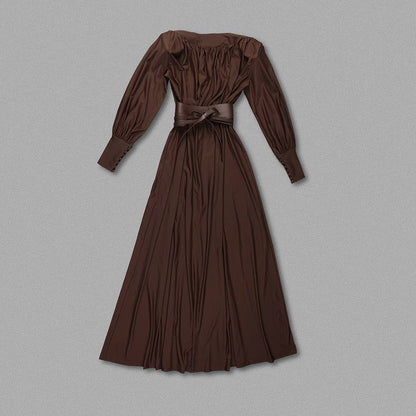 DR316 Elegant Chocolate Gathered Waist Maxi Dress