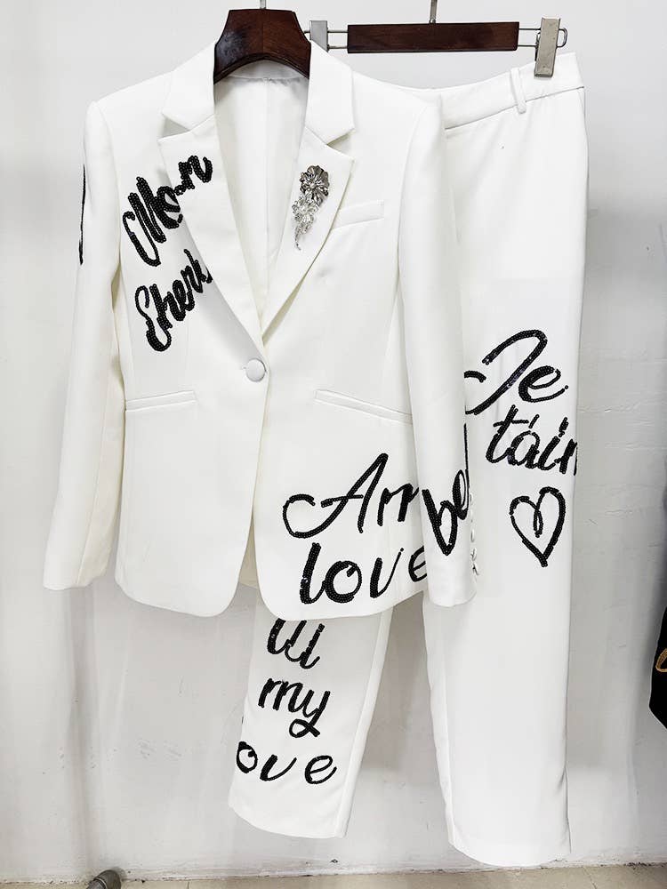 OL13 Embroidered Letter Sequin Blazer Pants Set Chic