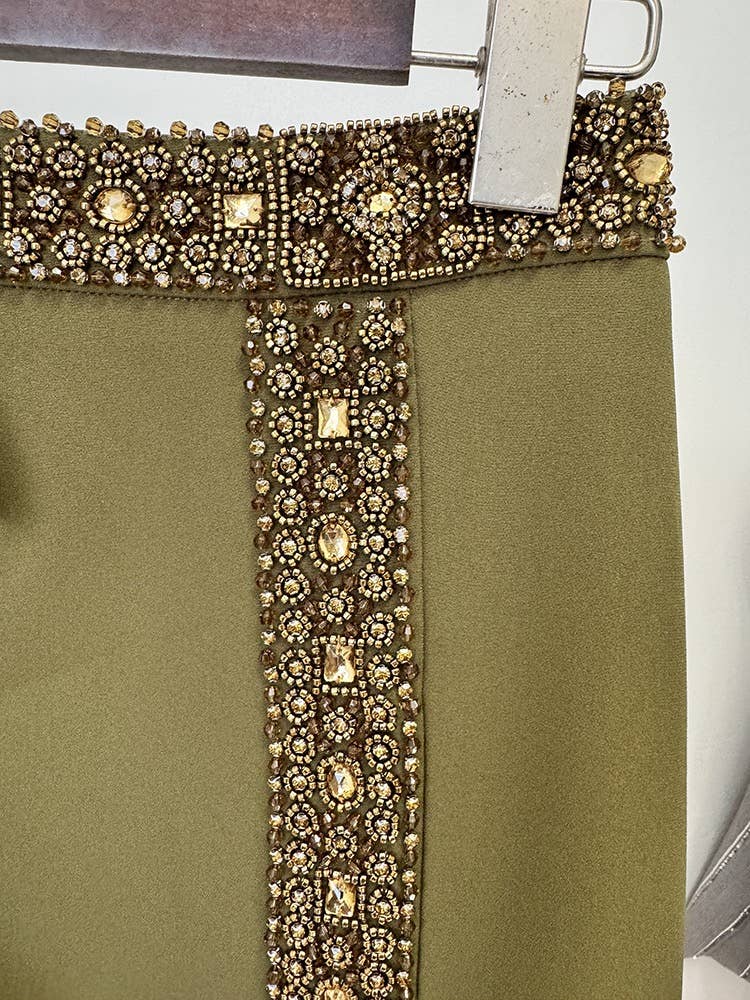 Olive Beaded Halter Maxi Skirt Set
