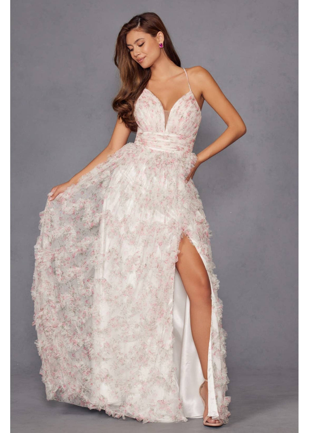 Juliet A-Line Ruffle Print Gown