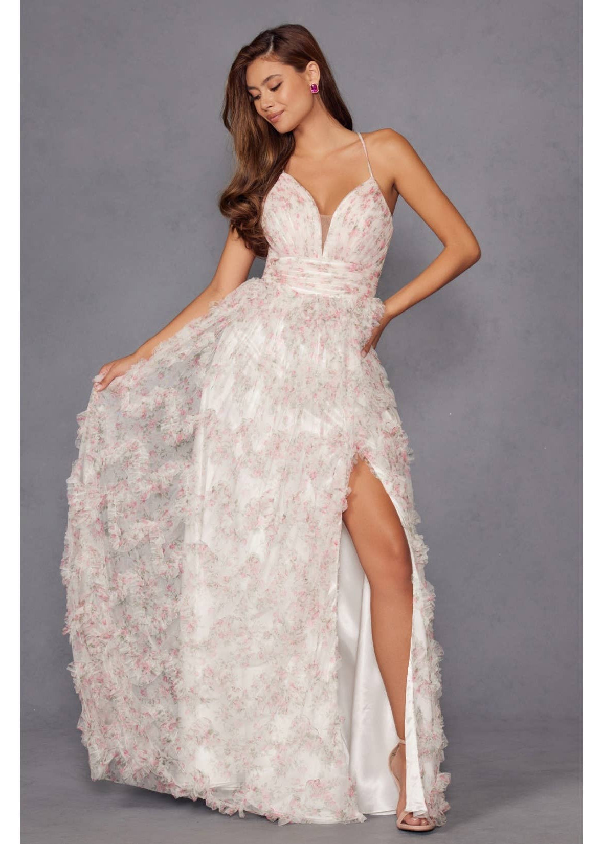 Juliet A-Line Ruffle Print Gown