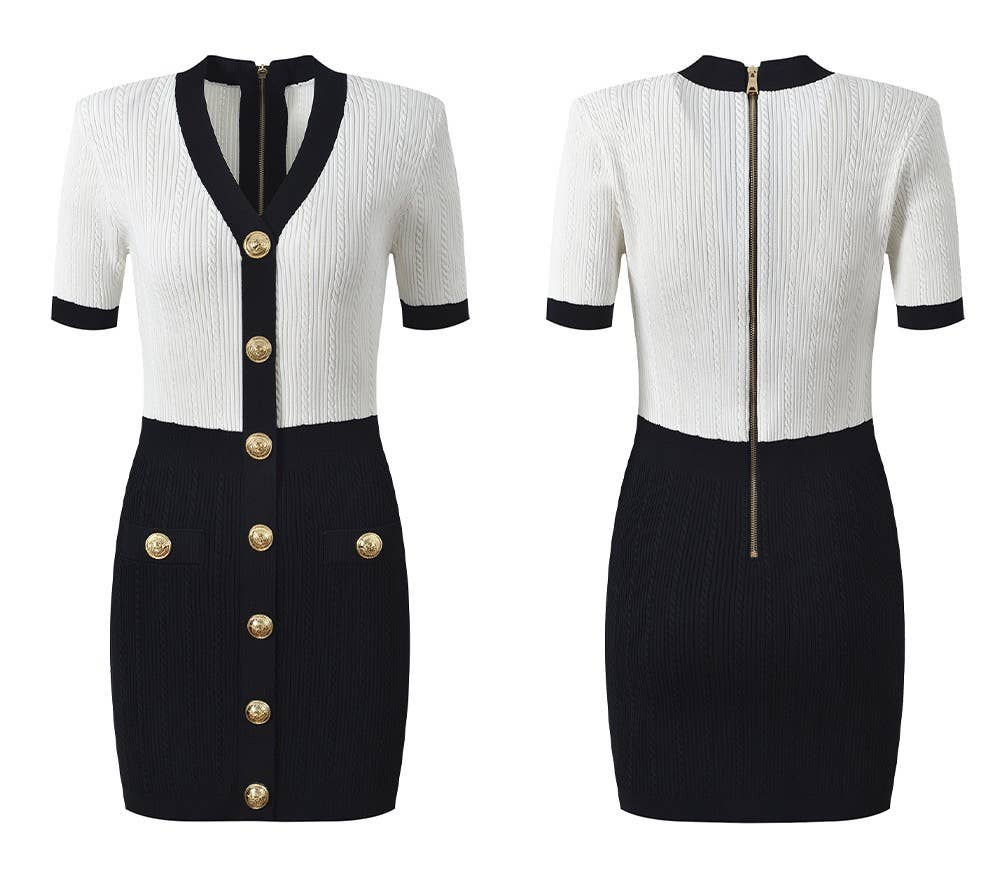 DR483Y V-neck Slim Fit Knitted Dress with Gold Buttons