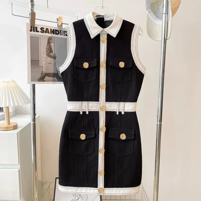 DR038 Short-sleeved Dress With Gold Buttons