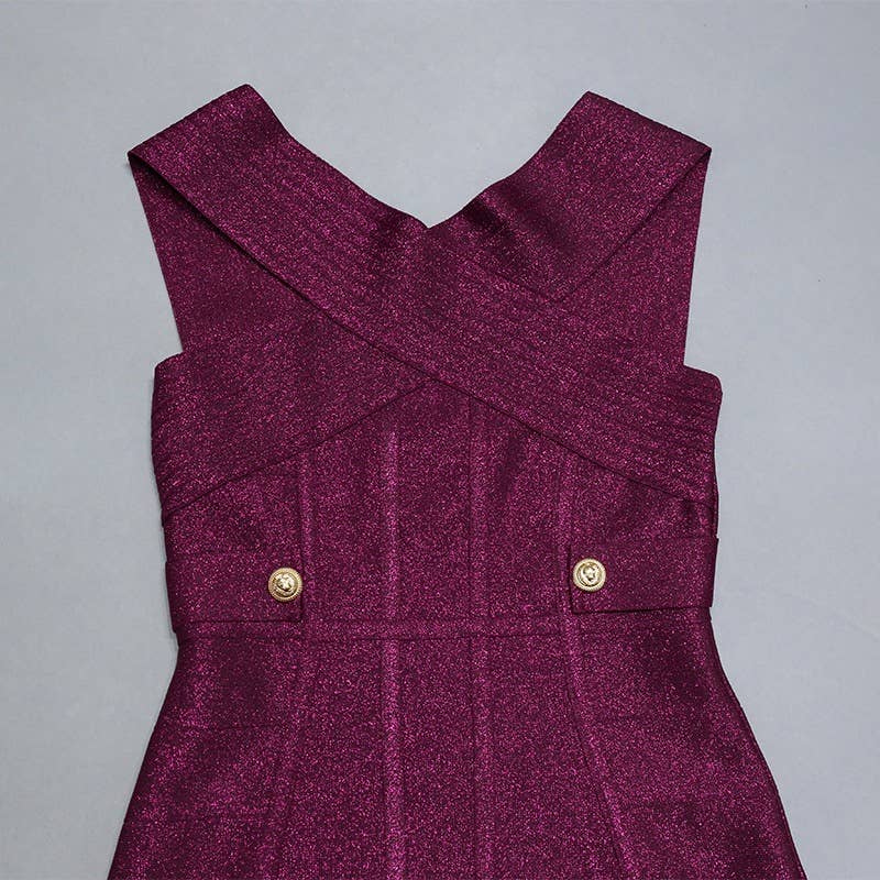 Elegant One-Shoulder Gold Silk Midi Dress with Silver: Burgundy / English / S