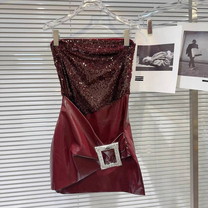 Sequin Strapless Faux Leather Mini Dress Style