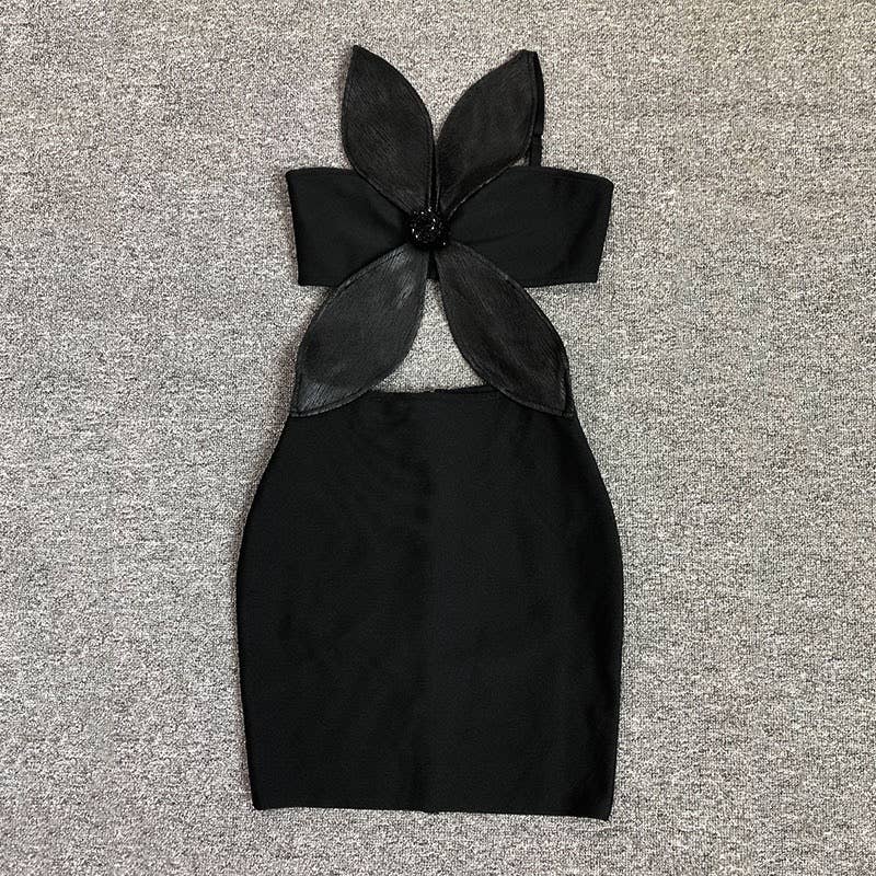 DR759 Noir Petal Cutout Bandage Dress with Sculpted Detail
