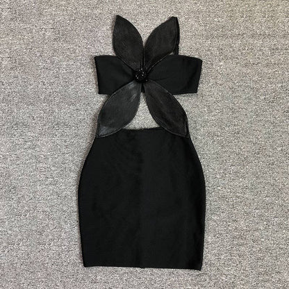 DR759 Noir Petal Cutout Bandage Dress with Sculpted Detail