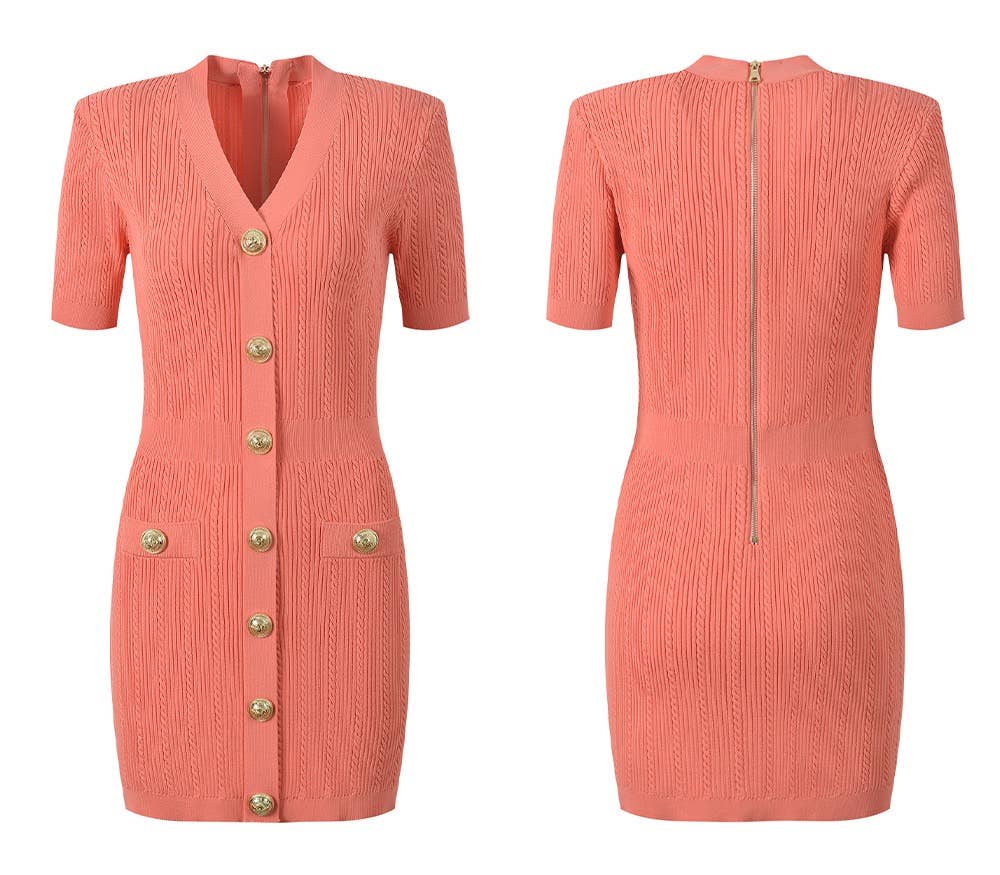 DR483Y V-neck Slim Fit Knitted Dress with Gold Buttons