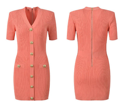 DR483Y V-neck Slim Fit Knitted Dress with Gold Buttons