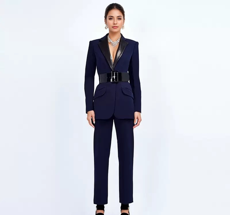 Leather Collar Mid-Length Suit & Pants Set