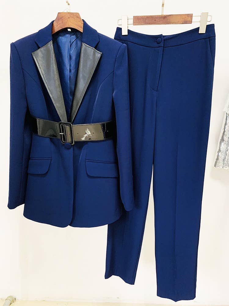 Leather Collar Mid-Length Suit & Pants Set