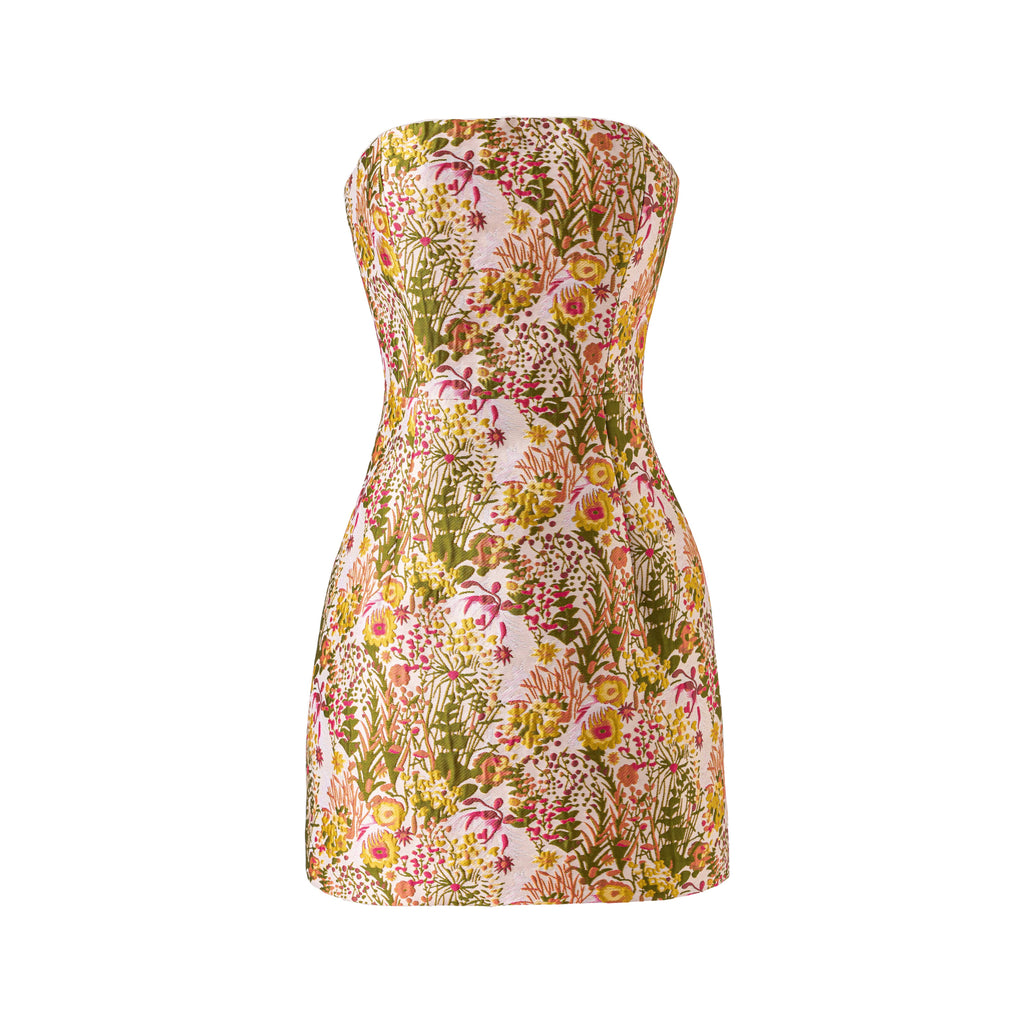 Jacquard Strapless Mini Dress Floral Design Chic