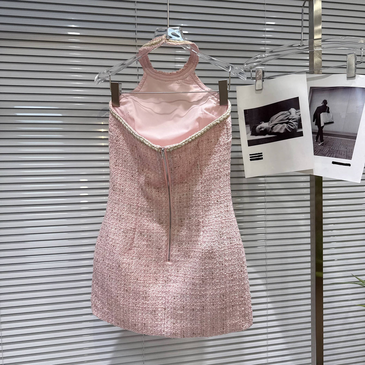 Pink Tweed Halter Mini Dress Crystal Button Chic