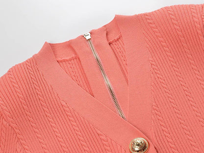 DR483Y V-neck Slim Fit Knitted Dress with Gold Buttons