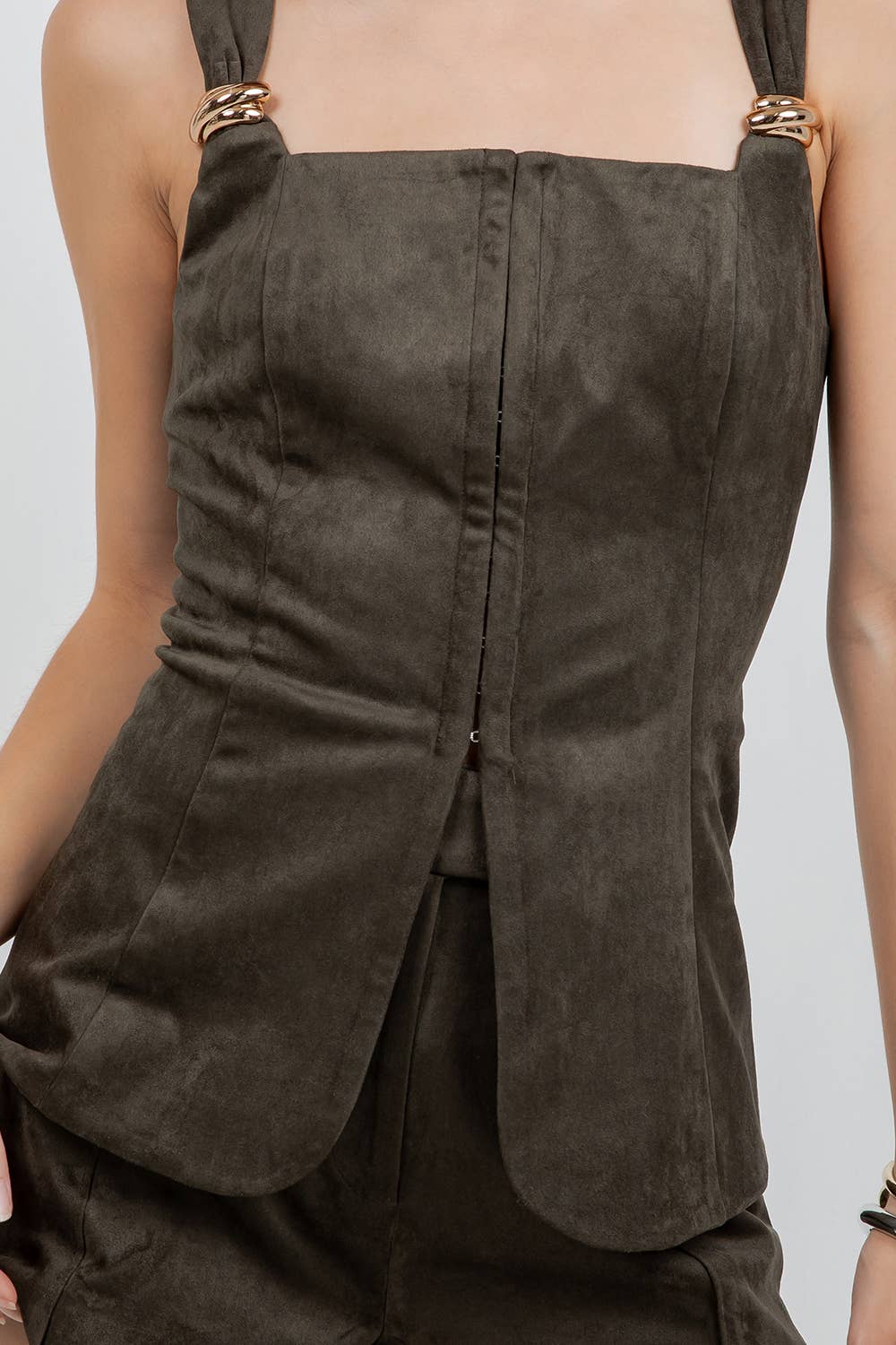 Metal Trim Suede Short Set
