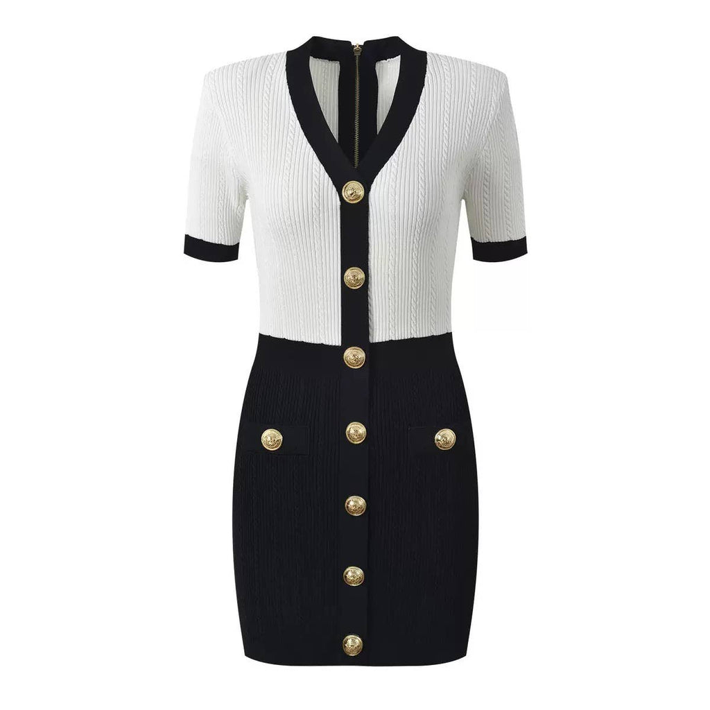 DR483Y V-neck Slim Fit Knitted Dress with Gold Buttons