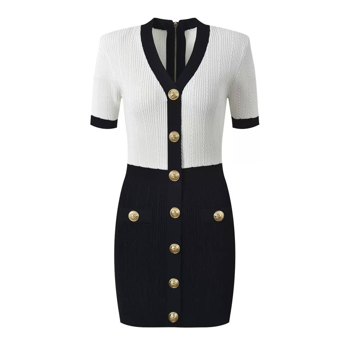 DR483Y V-neck Slim Fit Knitted Dress with Gold Buttons