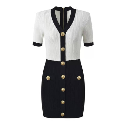 DR483Y V-neck Slim Fit Knitted Dress with Gold Buttons