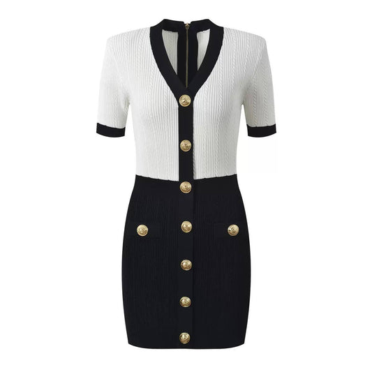 DR483Y V-neck Slim Fit Knitted Dress with Gold Buttons