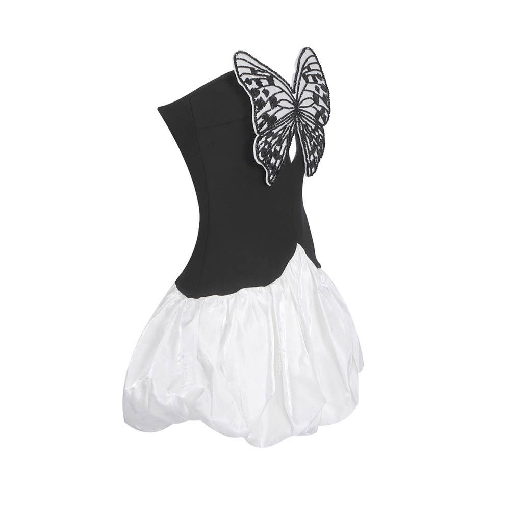 DR721 Contrast Butterfly Embroidery High Waist Mini Dress