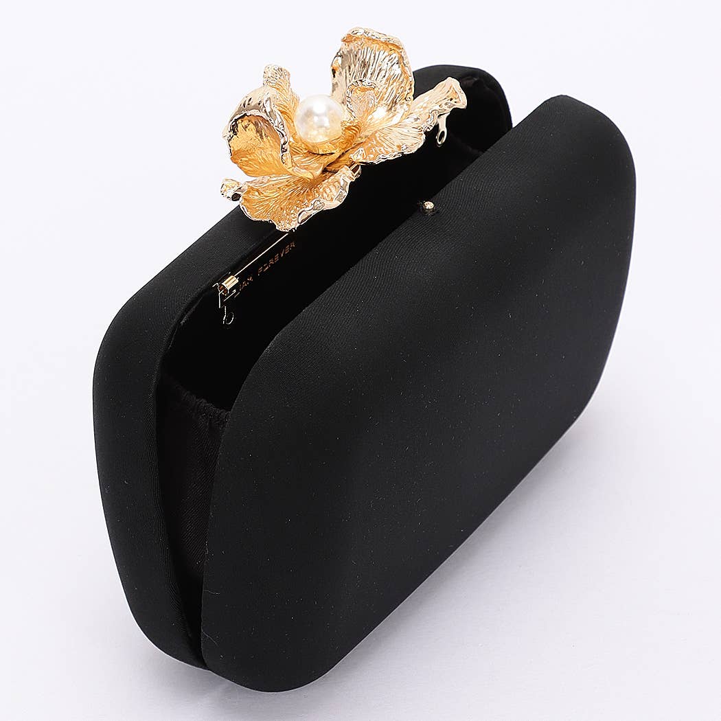 Satin Case Clutch with Metal Flower
