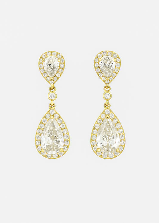 Gold Dipped Pear Halo CZ Drop Earrings