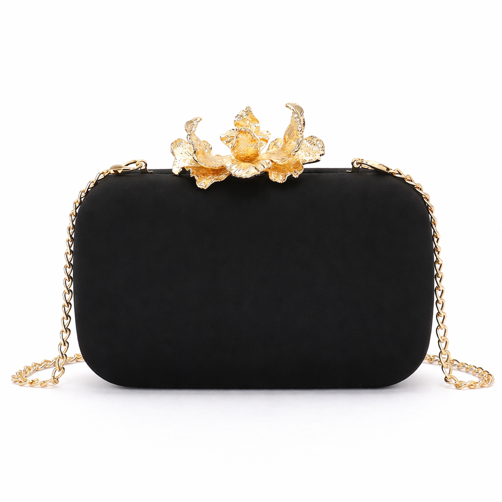 Satin Case Clutch with Metal Flower